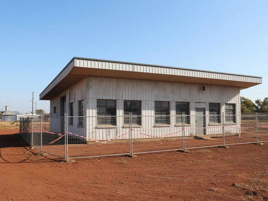 Fenced-off fibro building awaiting licensed asbestos removal
