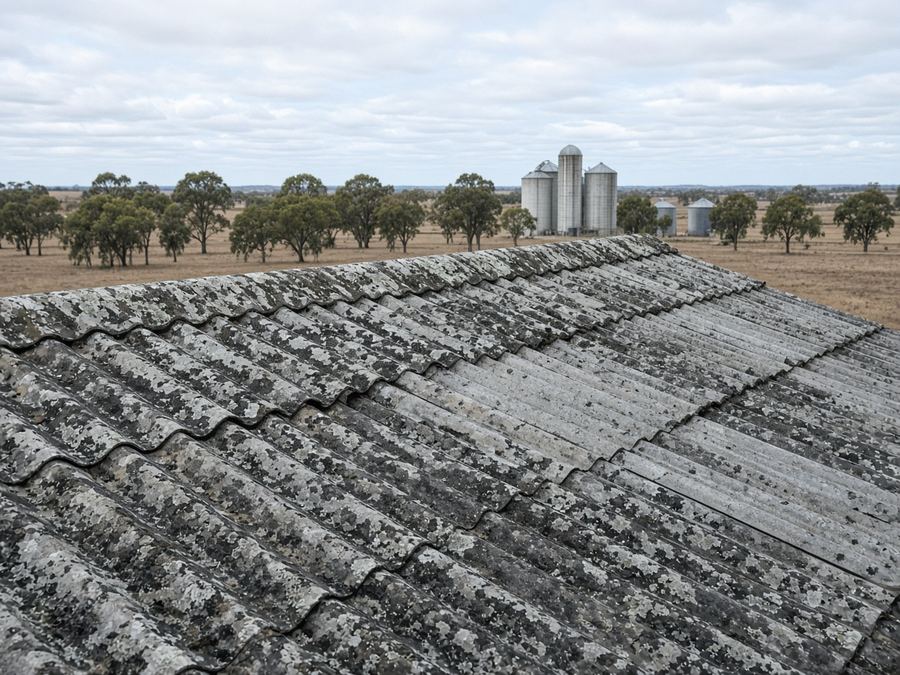 Shed with an asbestos-cement roof and grain silos behind