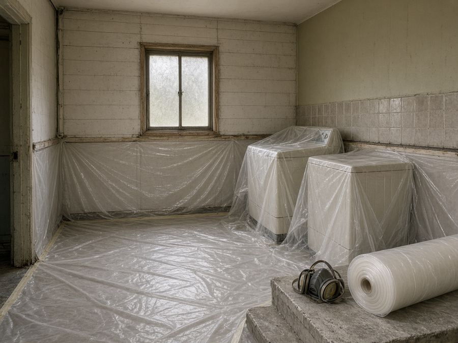 Laundry sealed off with plastic sheeting before asbestos removal
