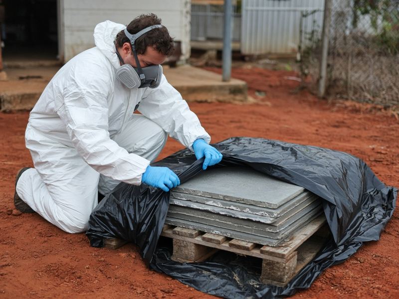 Worker in protective gear wrapping a pallet of asbestos sheets in heavy black plastic