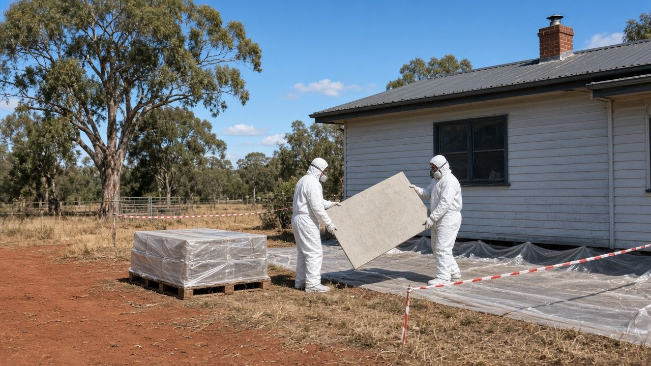 Workers in protective suits removing fibro sheeting from a house with red soil and gum trees