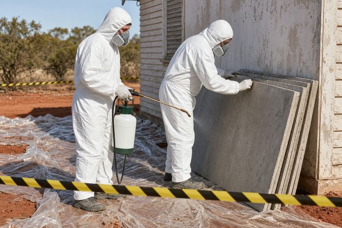 Worker in protective gear wetting down fibro sheets with a pump sprayer